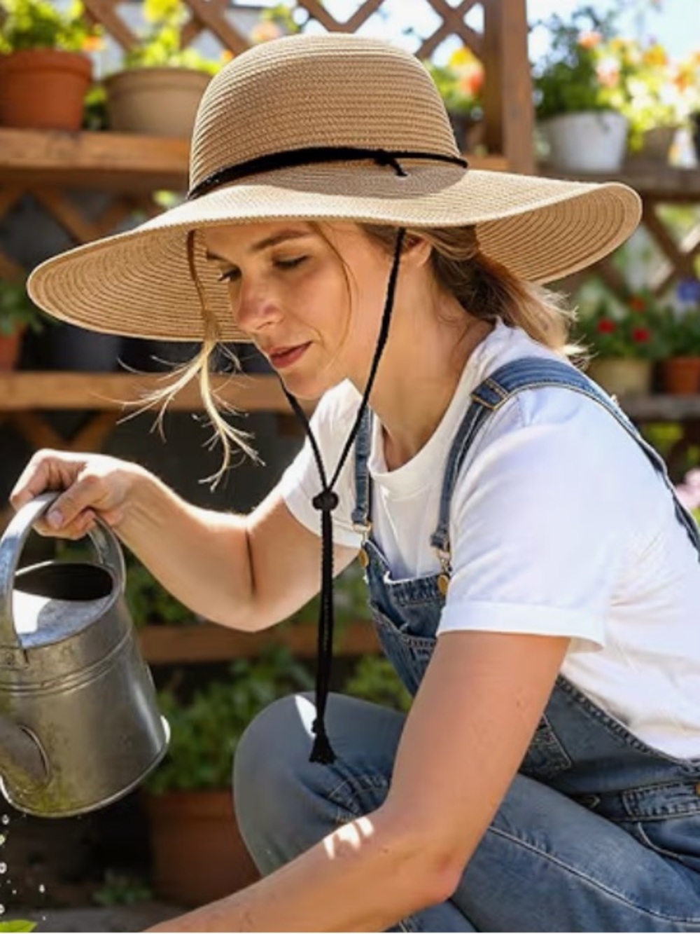 Wind Lanyard Wide Brim Straw Hat Summer Beach Garden Vacation Foldable UPF 50+ - Picture 5 of 8